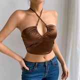Sexy Strappy Brown Halter Crop Top Women Summer Backless Cami Tops Tees Ladies Fashion Fitness Camisole