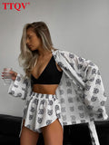 Fashion Loose Print Two Piece Sets Womens Outifits Autumn White V-neck Long Sleeve Lace-up Shirts And Shorts Sets