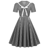 Vintage Scottish Plaid Party Dress Women Autumn Short Sleeve Bow Collar Belt Button A line Casual Swing Dresses