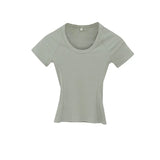 Elastic Skin-Friendly Threaded Straight Shoulder Low Round Collar Short-Sleeved T-Shirt New Summer Slim Blouse With Thin