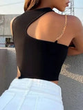 Cut Out Rib Knit Crop Top Women Summer Y2K Clothes High Street Grunge Asymmetrical Neck Sleeveless Tank Top
