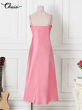 Cowl Neck Spaghetti Strap Midi Vestidos Satin Buttons Slit Hem Sexy Bodycon Robes Fashion Women Streetwar Party