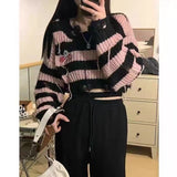 Women Korean Fashion Vintage Gothic Striped Cropped Sweater Loose Long Sleeve Pullovers Colleges Knitwear Tops Alt