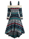 Elegant Gothic Dress Women Aesthetic Cold Shoulder Tribal Print High Low Dress Vestidos Party