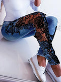 Size 3XL Lace Floral Crochet Hollow-Out Jeans Autumn Women Elegant Sexy Denim Pencil Skinny