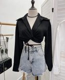 French Style With Short V-Neck Shirt Spring Sleeve Polo Collar Navel Navel Dress Top Female