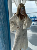 Hook Flower Hollowed Out Midi Dress Women V Neck Long Flare Sleeves Loose Robes 2024 New Fashion Female Vacation