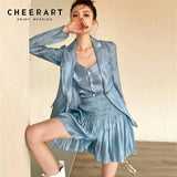 3 Piece Blue Glitter Summer Blazer Women Jackets Coat Blazer And Short Skirt Set For Women Elegant High Fashion