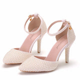Cm White Pearl Tip-Pointed High-Heeled Sandals Fine Heel Size High Heeled Sandals Female Wedding Shoes