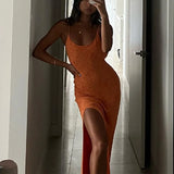Backless High Split Knitted Long Beach Dress Woman 2022 Summer Sexy Party Night Club Sleeveless Bodycon Holiday