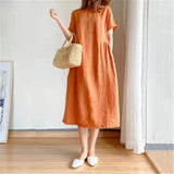 Cotton Linen Loose Dress Summer Fashion Female O-Neck Short Sleeve Solid Color Knee Length Sweet