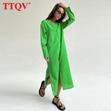 Casual Green Linen Dress Ladies Fashion V-Neck Long Sleeve Slit Midi Dress Elegant Single-Breasted Dresses For