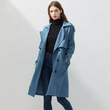 Spring Autumn Double Breasted Long Trench Lapel Jacket Women Vintage Belt Coat Cloak Windbreaker Outwear Blue