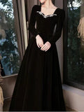 Chic Black Velvet Midi Dresses for Women 2023 New Autumn Vintage Fashion Evening Party Long Sleeve Female Clothing