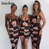 Women Autumn Winter Long Sleeve Square Collar Rose Printed Bodycon Package Hip Mini Dress 2020 Fall Clothes