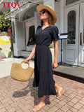 Sexy V-Neck Black Summer Dress Ladies Casual Loose Short Sleeve Midi Dress Elegant Slit Vacation Dresses For Women