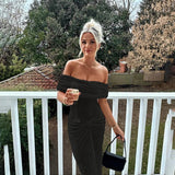 Knit Off-Shoulder Pleated Wrap Maxi Dress- Outfit
