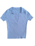 Top Female Polo Shirts Summer Short Sleeve T-shirt Women's Vintage Clothes Ribbed Solid Slim Knit Top Cropped