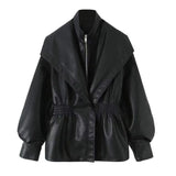 Fashion Collar Design Lantern Sleeve Imitation Leather Jacket Woman In Autumn