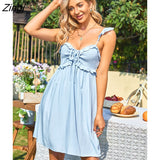 Blue Short Tie Frill A-Shape Mini Dress For Woman Sexy Spaghetti Straps Beach Holiday Dress 2023 Summer Sundress