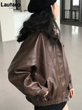 Spring Autumn Oversized Retro Black Brown Leather Jacket Women Zipper Long Sleeve Loose Casual Cool Korean Clothes