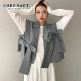 Designer 2021 Fashion Women Gilet Grey Vest Bow Sleeveless Blazer Coat Loose Crop Jacket Single Button Waist