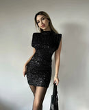 Sequins Paded Shoulder Mini Dress Women Sexy O Neck Slim Sleeveless Short Robe Summer Chic Female Club Party Evening