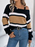 Shooting Autumn And Winter Casual Striped Striped Lantern Sleeve Metal Buckle Shoulder Cover Sweater Women's