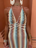 Contrast Embroidery Lace Up Halter Long Dress Women Sexy V Neck Backless Off Shoulder Robe 2024 New Lady Holiday