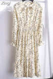 Floral Print Women Dress Female Autumn Long Sleeve Vintage Chiffon Bow Tie Neck Office Lady Shirt Dress Summer