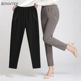 Women Large Size Simple High Waist Leisure Long Trousers Korean Style Straight Womens Pocket All-match Female Office