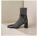 Temperament Style ~ New Square Head Thousand Bird Martin Boots Female 2025 Autumn Bow Thick High Heel Ankle