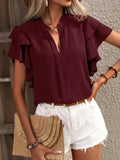 Women's Summer New V-Neck Casual Double-Layer Lotus Leaf Sleeve Solid Shirt