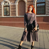Elegant Dot Print Long Sleeve Polka Dress O Neck Chiffon A Line Women Casual Dress Vintage Midi Vestidos