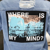 Size Where Is My Mind Korea Kpop Frayed Letter Patch Bomber Jeans Jacket Women Ripped Denim Coat Female Streetwear