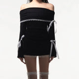 Black Long Sleeve Off-shoulder Bow Mini Dress-Outfit