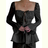 Zingj Shirt Women's Slim Pleated Strap Set Horn Long Sleeve Top