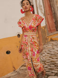 Women Elegant Vintage Floral Print Split Long Dress Sexy Backless V Neck Flying Sleeves Slim Robe 2024 Chic Lady Street