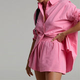 Tracksuits Shirt With Mini Shorts Cotton Two Pieces Sets Fashion Clothing Outfits Women Blouses Fashion