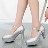 Head Buckle Waterproof Table 8CM High Heel Women's Shoes Thick-Soled Model Show Shoes Coarse Heel Work Shoes Silver Single