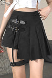 Asymmetrical Punk Style Black Pleated Skirt Buckle Summer High Waist Skirt Women Gothic Clothes Mini Skirts Party