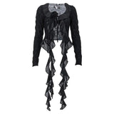 Zingj Women Ins French Sexy Hot Girl U Collar Mesh Gauze Flower Decoration Crop Ribbon Cardigan Long Sleeve Top Female- Outfit