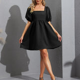Women's Square Collar Lantern Short Sleeve Lace-up Backless Fashion Brand Elegant Dress