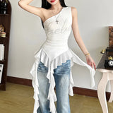 Summer Fashion Trend Women's New Slant Shoulder Repair Letter Drill Irregular Vest