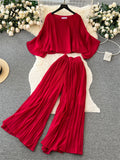 Senior Pleated Suits Long Flare Sleeves Ruched Top+High Waist Wide Legs Pants Female 2023 Autumn Solid Streetwear