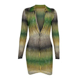 Women Autumn Long Sleeve V Neck Printed Gradient Bodycon Green Mini Dress 2021 Fall Clothes Wholesale Items