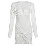 Summer New Women's Temperament Sexy Pure Color V To Receive Pocketed Folded Long-Sleeved