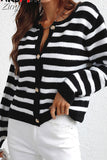 Women's Knitted Cardigan with Buttons Up Slim Short Soft Casual Coat V Neck Balck Striped Print Warm Cardigan Female
