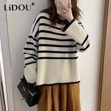Winter O Neck Vintage Striped Patchwork Loose Casual Sweater Ladies Fashion All-match Pullover Top Women Knitting
