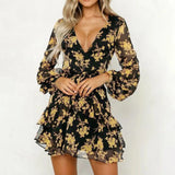 Floral Leaf Printed Lantern Sleeve Empire Dress Ladies Summer Beach Casual Mini Dress